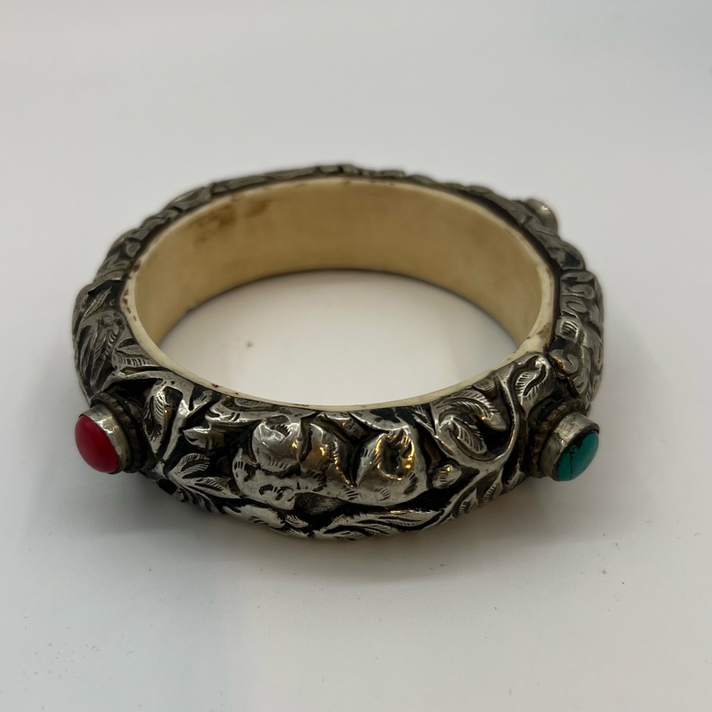 Silver Floral ReposeBangle with Red and Turquoise Accents. Coral